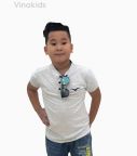 Áo bé trai cổ tàu thêu logo Vinakids màu Ghi (6-12 tuổi)