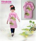 Áo dài cách tân bé gái họa tiết đồng quê màu hồng phấn (1-7 tuổi)