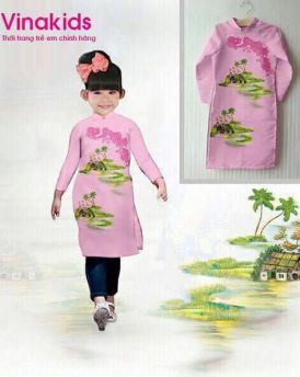 Áo dài cách tân bé gái họa tiết đồng quê màu hồng phấn (1-7 tuổi)