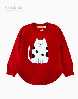 Áo len bé gái thêu Mèo màu đỏ (1-9 tuổi)