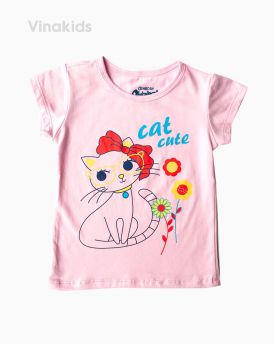 Áo thun bé gái ngắn tay Cat cute màu hồng phấn (1-6 tuổi)