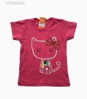 Áo thun cotton ngắn tay bé gái hình mèo màu hồng (1-7 tuổi)