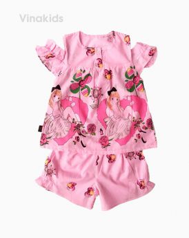 Đồ bộ boil bé gái hở vai hình cô gái màu hồng size 1-6 tuổi