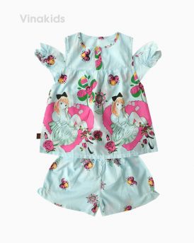 Đồ bộ boil bé gái hở vai hình cô gái màu xanh size 1-6 tuổi