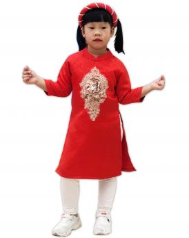 Sét 3 chi tiết áo dài gấm cách tân bé gái hoa đính kim sa màu đỏ (2-14 tuổi)