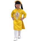 Sét 3 chi tiết áo dài gấm cách tân bé gái hoa đính kim sa màu vàng (2-14 tuổi)