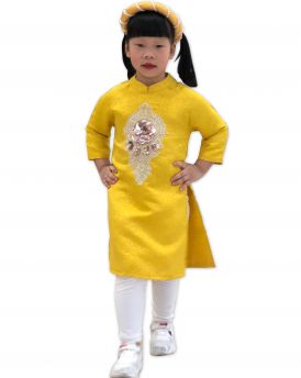 Sét 3 chi tiết áo dài gấm cách tân bé gái hoa đính kim sa màu vàng (2-14 tuổi)
