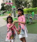 Sét áo dài cách tân bé gái hình công kèm tuban màu hồng phấn (1-9 tuổi)