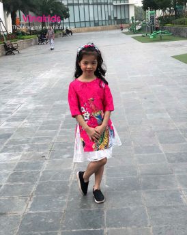 Sét áo dài cách tân bé gái hình công kèm tuban màu hồng sen (1-9 tuổi)