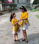 Sét áo dài cách tân bé gái hình công kèm tuban màu vàng (1-9 tuổi)