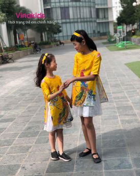 Sét áo dài cách tân bé gái hình công kèm tuban màu vàng (1-9 tuổi)