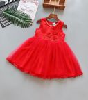 Váy đầm cao cấp hoa 3D cổ viền ngọc màu đỏ (2-7 tuổi)