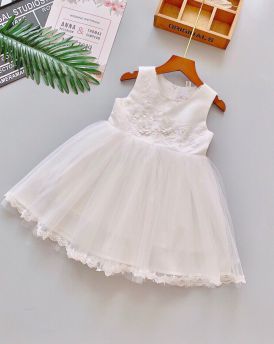 Váy đầm cao cấp hoa 3D cổ viền ngọc màu trắng (2-7 tuổi)
