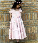 Váy ren bồng vai đính hoa màu hồng phai (3-10 Tuổi)
