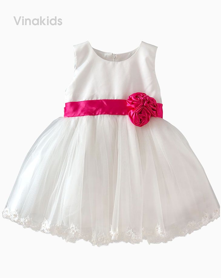Váy ren cao cấp 3 bông màu trắng (1-8 tuổi)